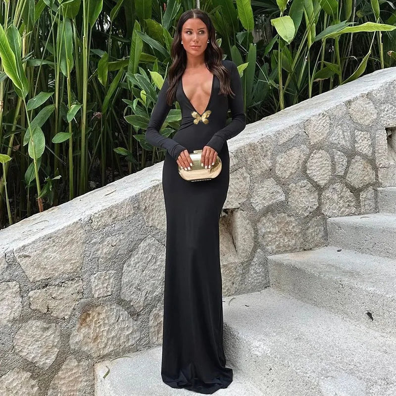 שמלת מקסי שחורה דגם פרפר