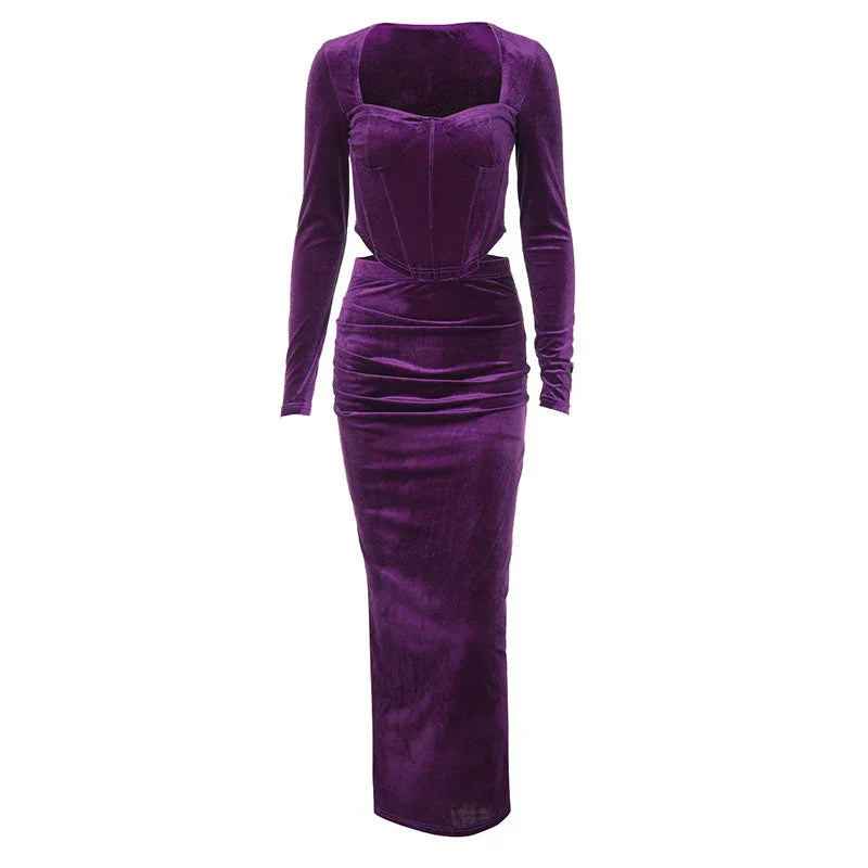 סט שני חלקים קטיפה חולצה וחצאית מקסי צמודה - מירנדה