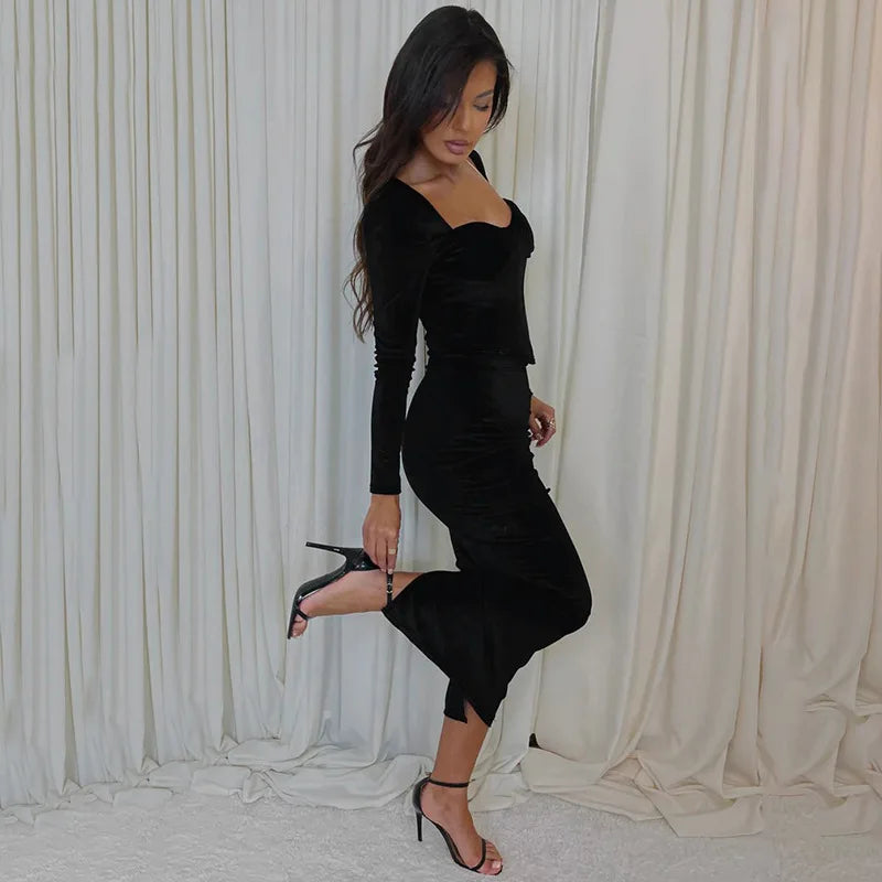 סט שני חלקים קטיפה חולצה וחצאית מקסי צמודה - מירנדה