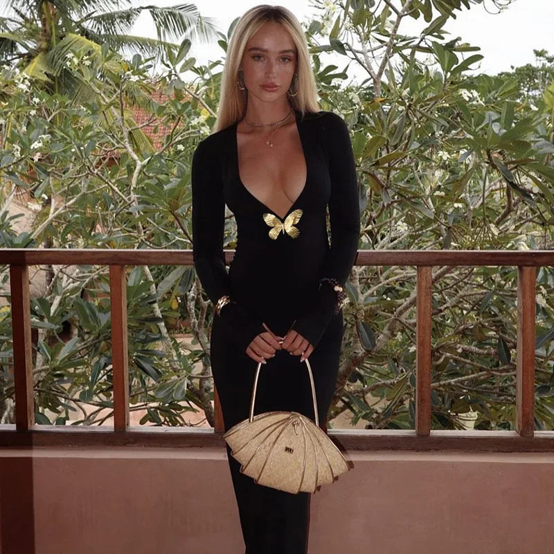 שמלת מקסי שחורה דגם פרפר