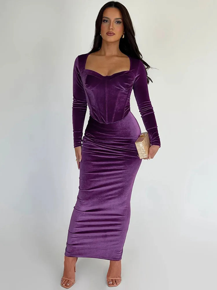 סט שני חלקים קטיפה חולצה וחצאית מקסי צמודה - מירנדה